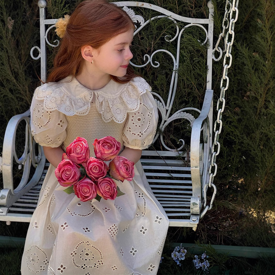 Summer Girls' Hollow Embroidered Lotus Collar Dress