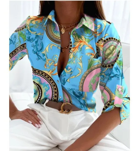 Women's Long Sleeved Shirt Shirt Print Blue Printing - Shop at LoveMi