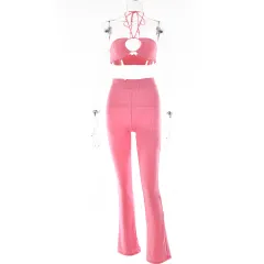 Casual Suit Sexy Tube Top Drawstring Halter Top High Waist - Pink - View 1