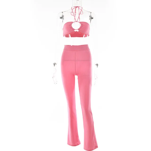Casual Suit Sexy Tube Top Drawstring Halter Top High Waist Pink - Shop at LoveMi