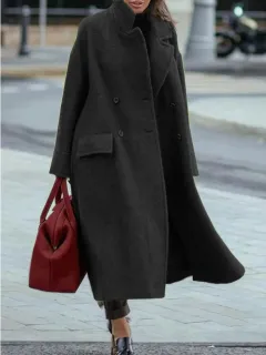 Pure Colour Warm Keeping Woolen Coat - Black - View 1