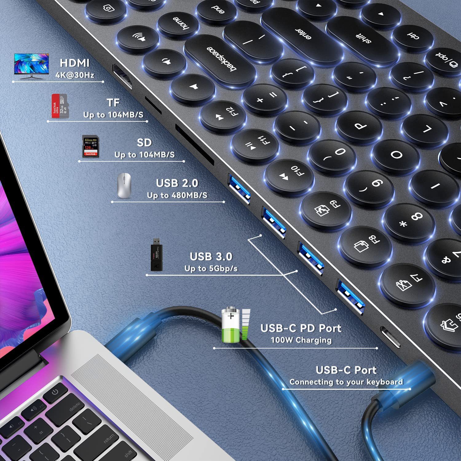 9 i 1 USB-C tastatur støtte 4K HDMI Full Size - Miniatyr 3