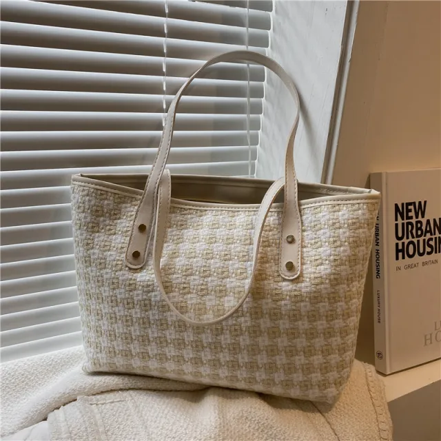 Stylish Plaid Shoulder Tote With Large Capacity Beige - Shop at LoveMi