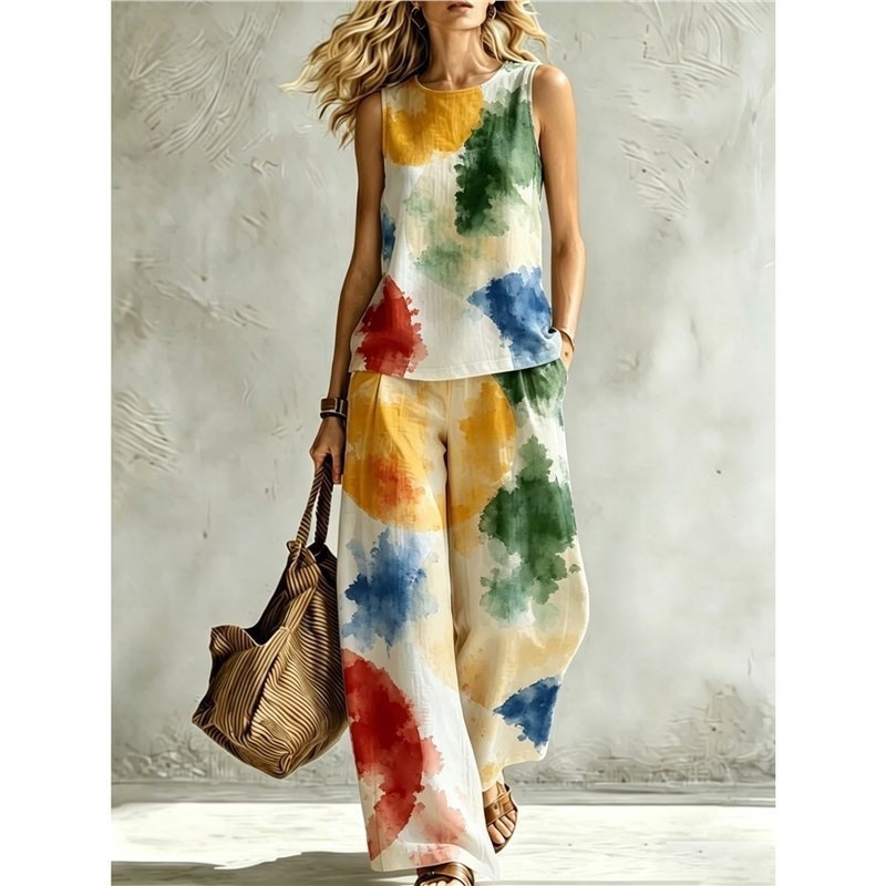 New-style Rainbow Tie-dye Sleeveless Crew-neck Top And Wide-leg Pants Womens Casual Two-piece Set 5