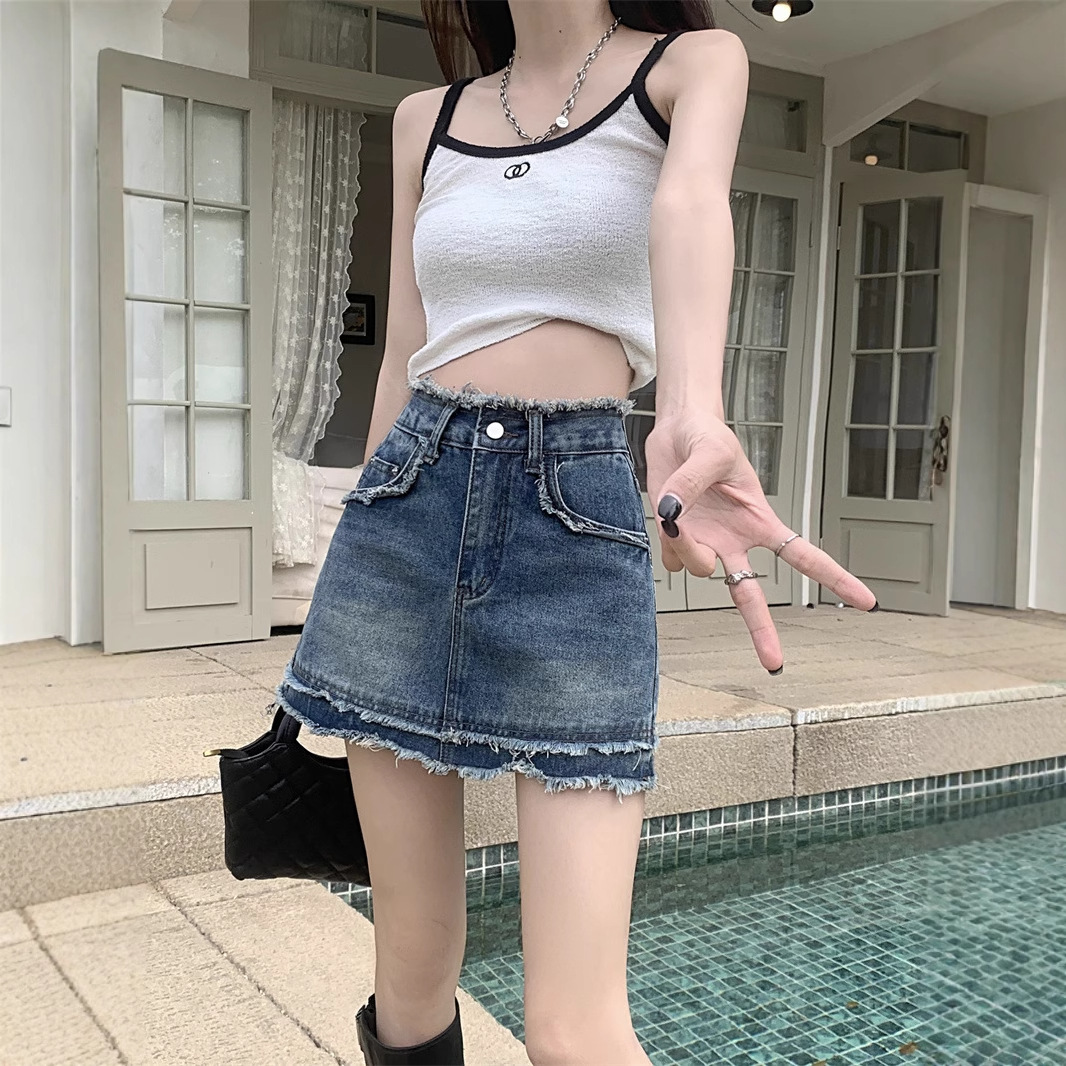 Retro Raw-Edge Denim A-Line Skirt