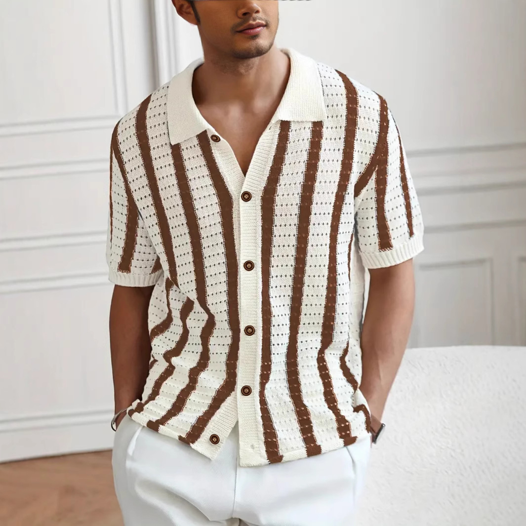 Summer Hollow-Out Vertical-Stripe Lapel Sweater Knit Top