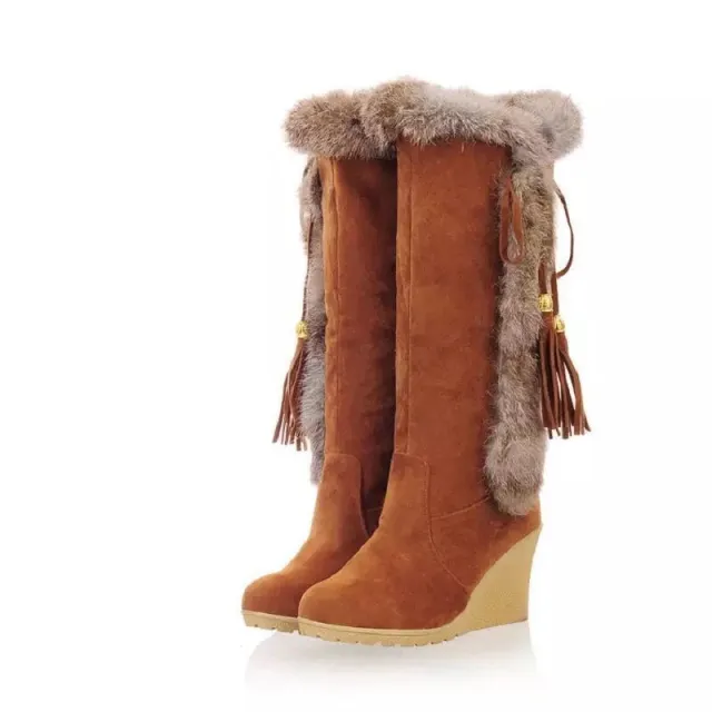 Autumn And Winter New Frosted Plus Size Wedge Boots Fur Integrated High top For Women Brown - Shop at LoveMi