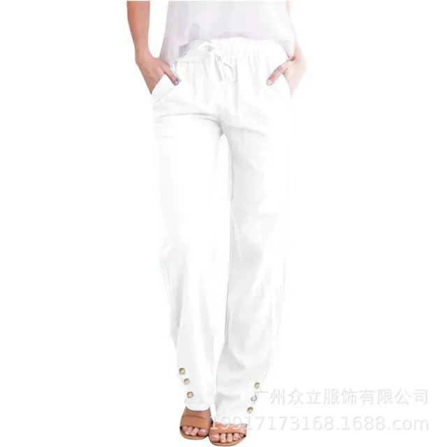 Solid Color Cotton And Linen Loose Drawstring Button Casual Wide leg Trousers White - Shop at LoveMi