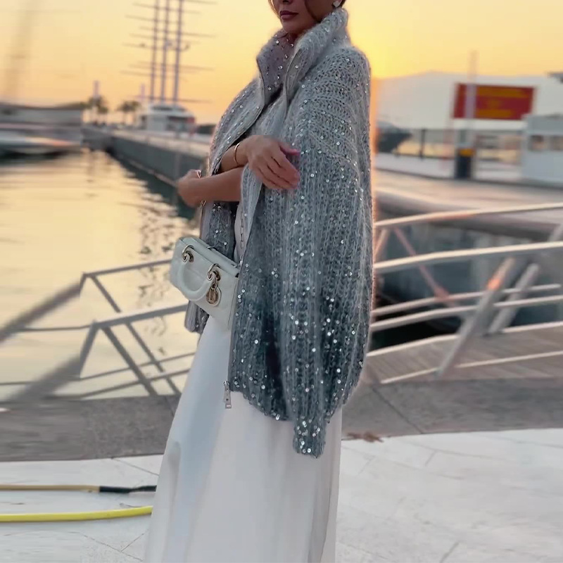 Heavy Embroidery Sequins Zipped Stand Collar Loose Sweater Coat Women Sea Blue - Shop at LoveMi