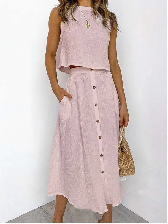 Women's Fashionable Simple Round Neck Vest Shirt Mid length Dress Two piece Suit Pink - Shop at LoveMi