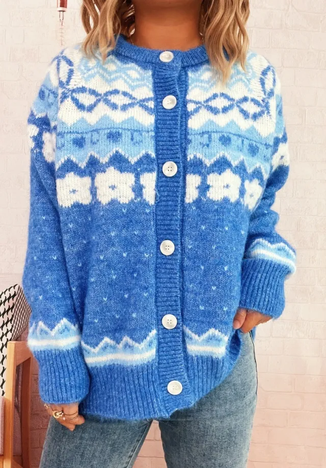 Retro Ethnic Style Knitted Jacquard Coat Round Neck Single breasted Sweater Blue - Shop at LoveMi