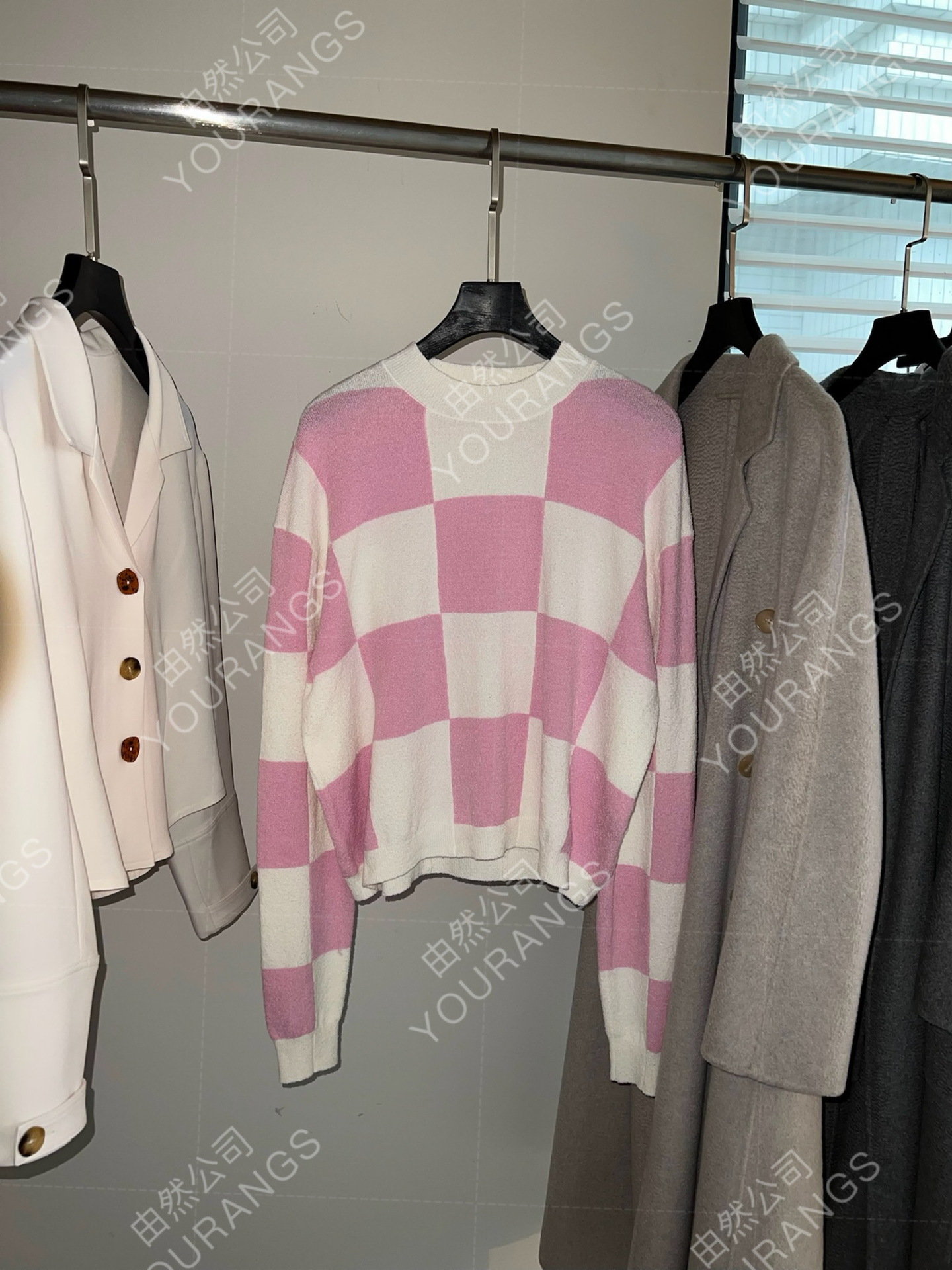 Women's Chessboard Plaid Organic Cotton Color Matching Sweater Pink And White Plaid - Shop at LoveMi