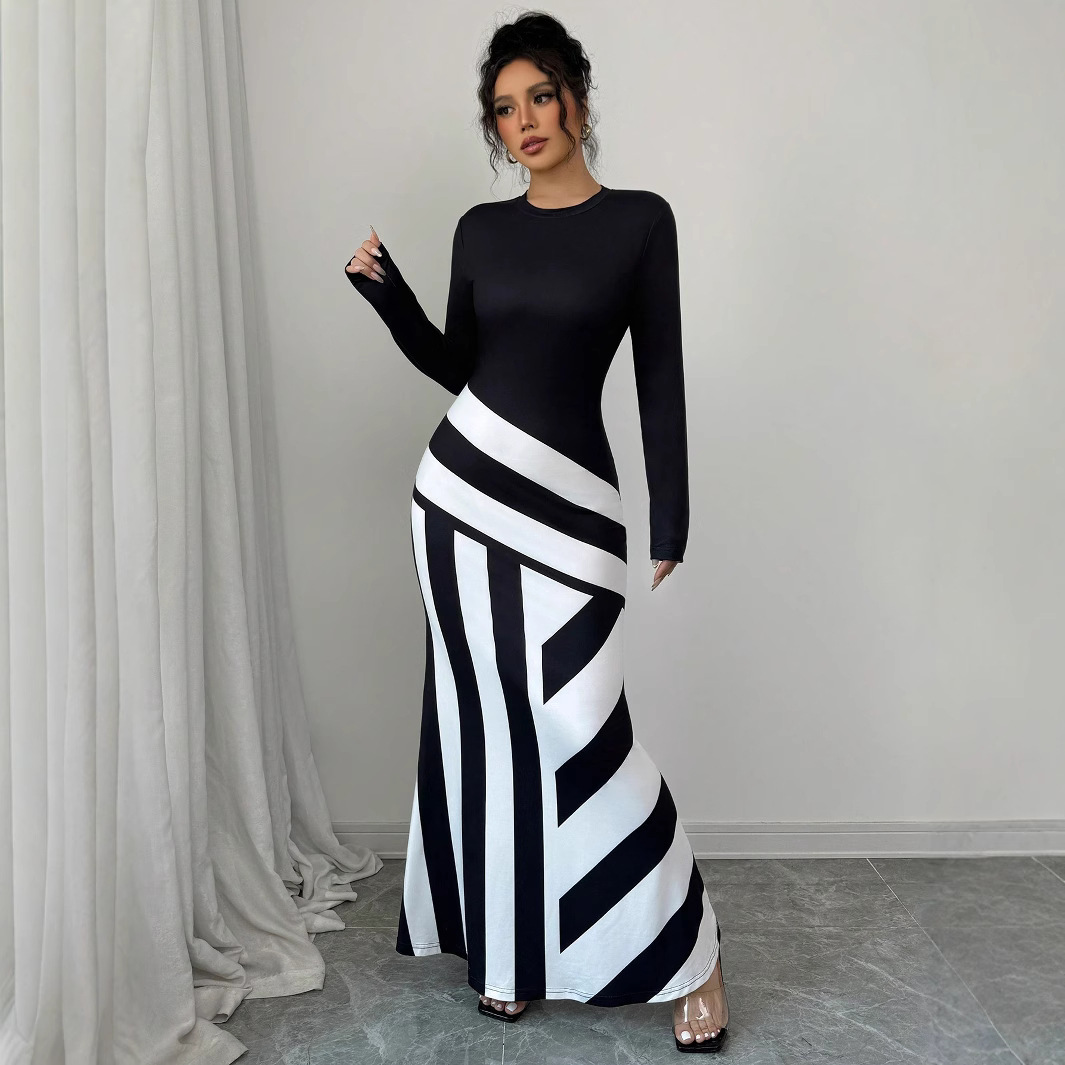 Women's Sexy Asymmetric Neckline Irregular Stripes Dress