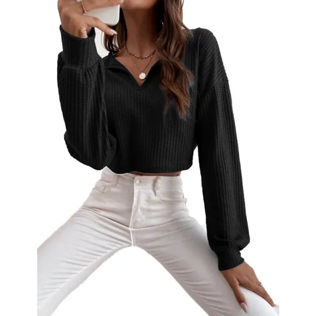 New Women's V neck Solid color Cropped Long sleeve T shirt Black - Shop at LoveMi
