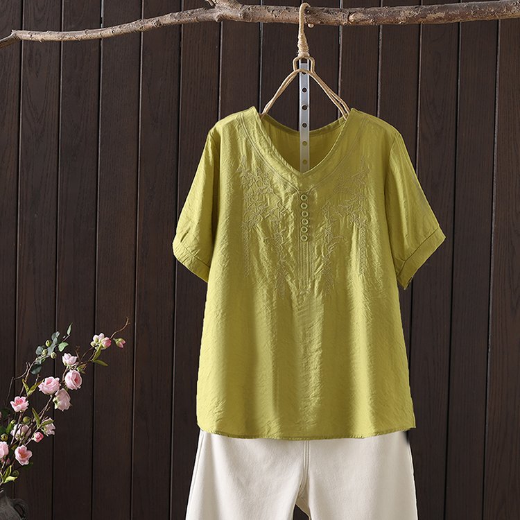 Women's T shirt Cotton And Linen Embroidery Loose Fashion Yellow - Shop at LoveMi