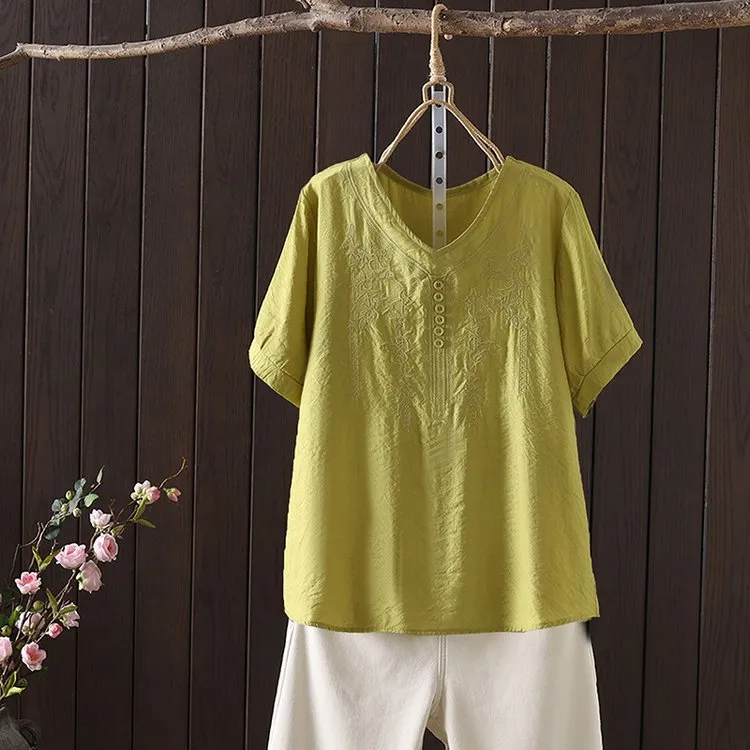 Women's T-shirt Cotton And Linen Embroidery Loose Fashion - Yellow