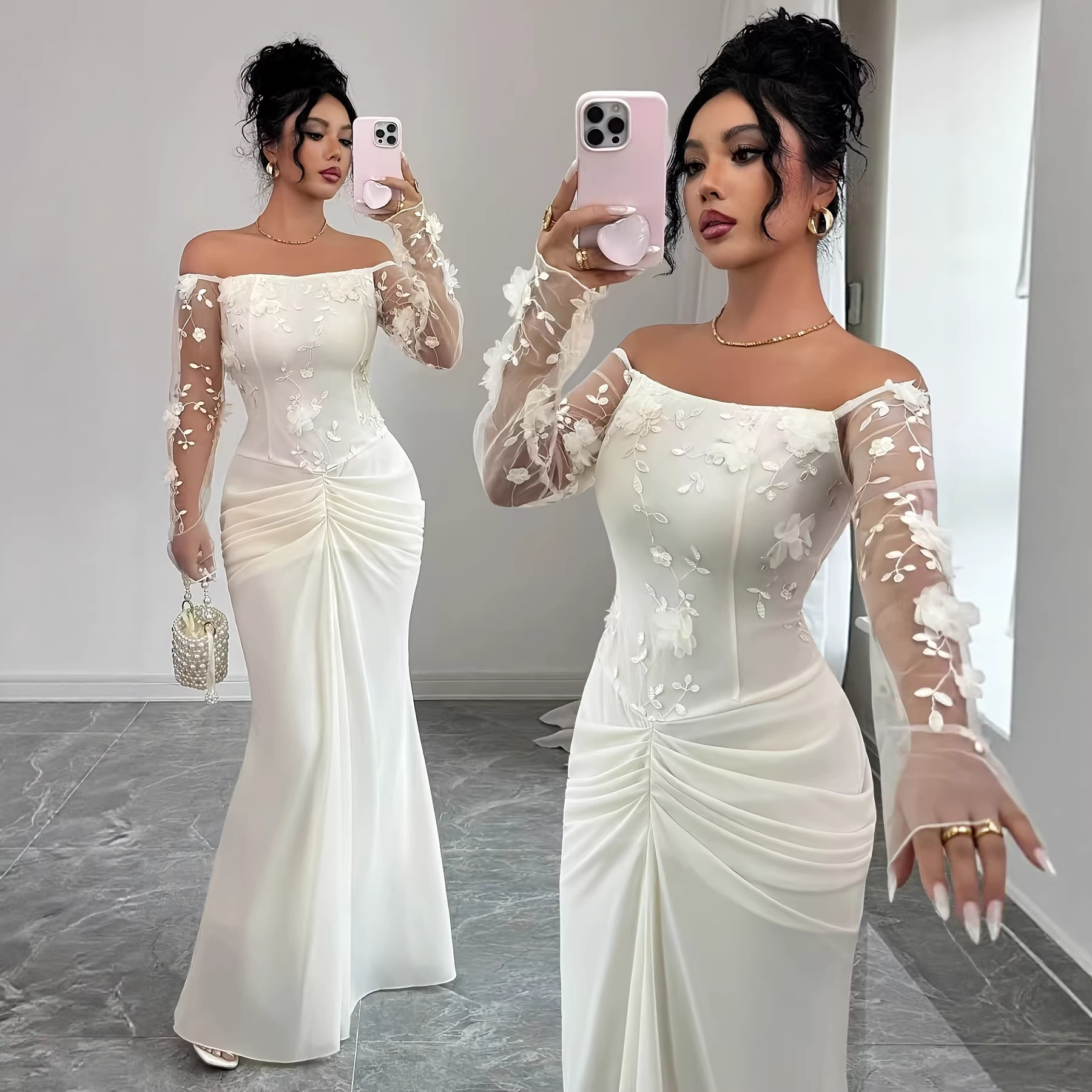 Womens Fashionable And Elegant Solid-Colored Embroidered Mesh-Patchwork Off-Shoulder… — image 1