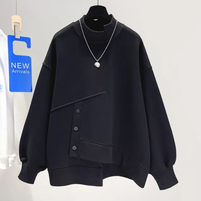 Women's Mock Neck Hoodie Short Spring And Autumn Loose Thick Coat Top Black - Shop at LoveMi