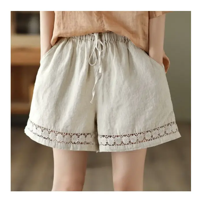 Thin Elastic-Waist Lace-up Hollowed-Out Casual Cotton-Linen Straight Pants