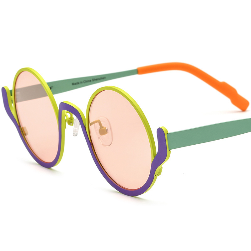Female Casual Versatile Color Blocked Pure Titanium Round Sunglasses