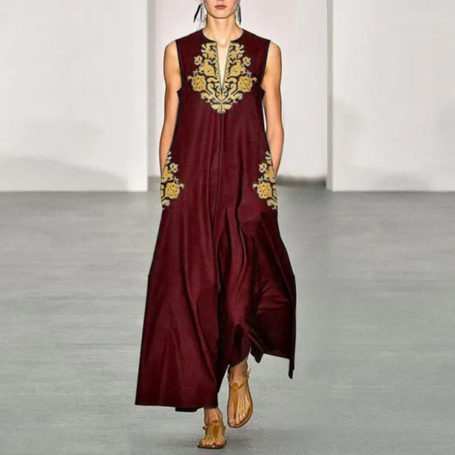 Retro Deep V neck Printed Large Swing Dress Sleeveless Wine - Shop at LoveMi