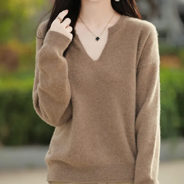 Women's Wool Sweater V neck Drop shoulder Pullover Dark Camel - Shop at LoveMi