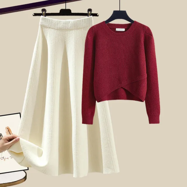 Irregular Gentle Style Knitted Sweater Skirt Suit Red Top Apricot Skirt - Shop at LoveMi