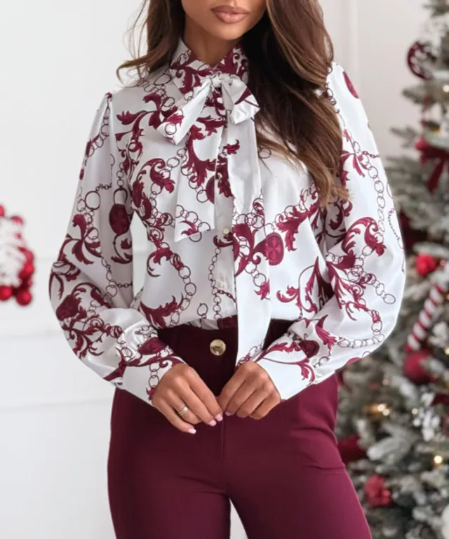 Printed Long Sleeve Bowknot Lining For Women White - Shop at LoveMi