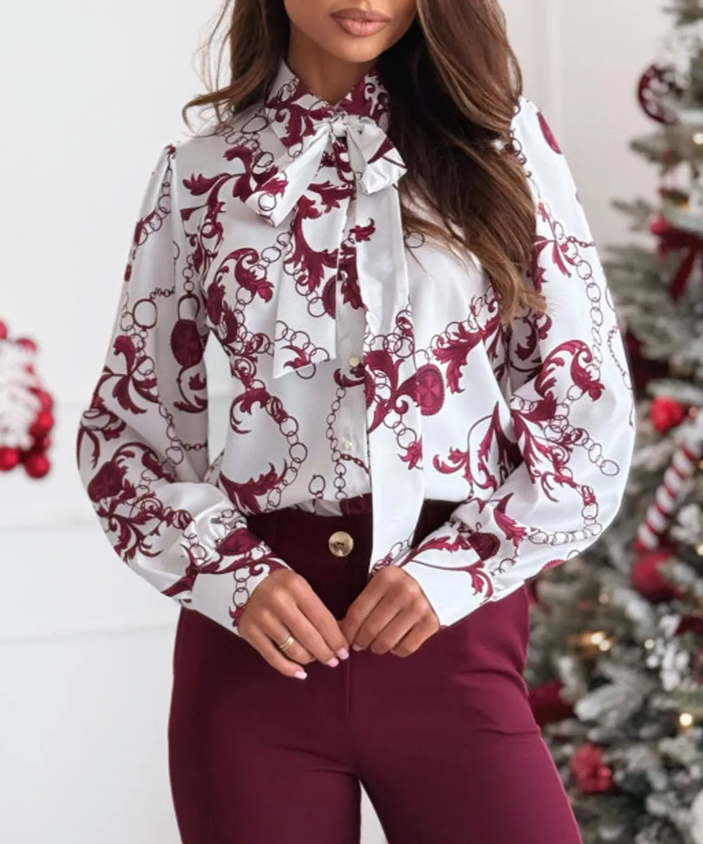 Printed Long Sleeve Bowknot Lining For Women - White