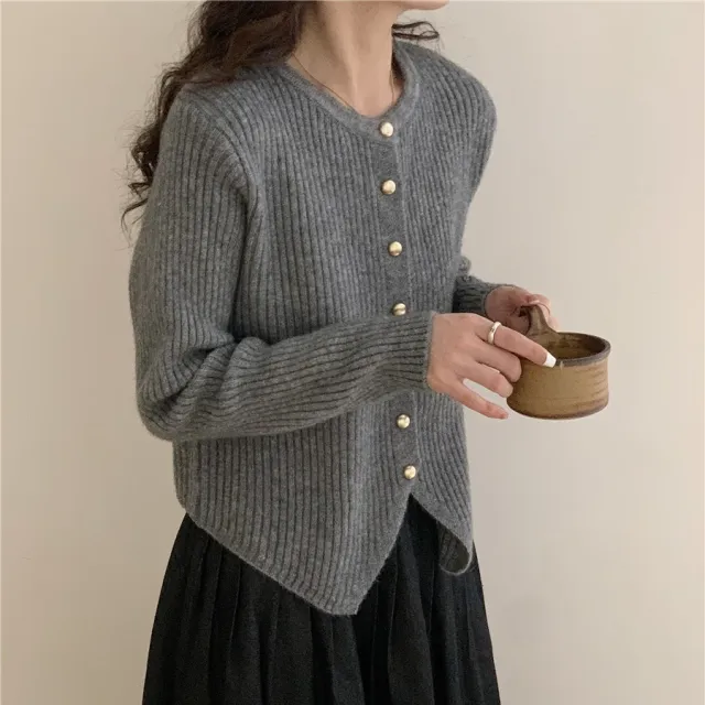 Irregular Crew Neck Knitted Cardigan Slim fit Sweater Coat Gray - Shop at LoveMi