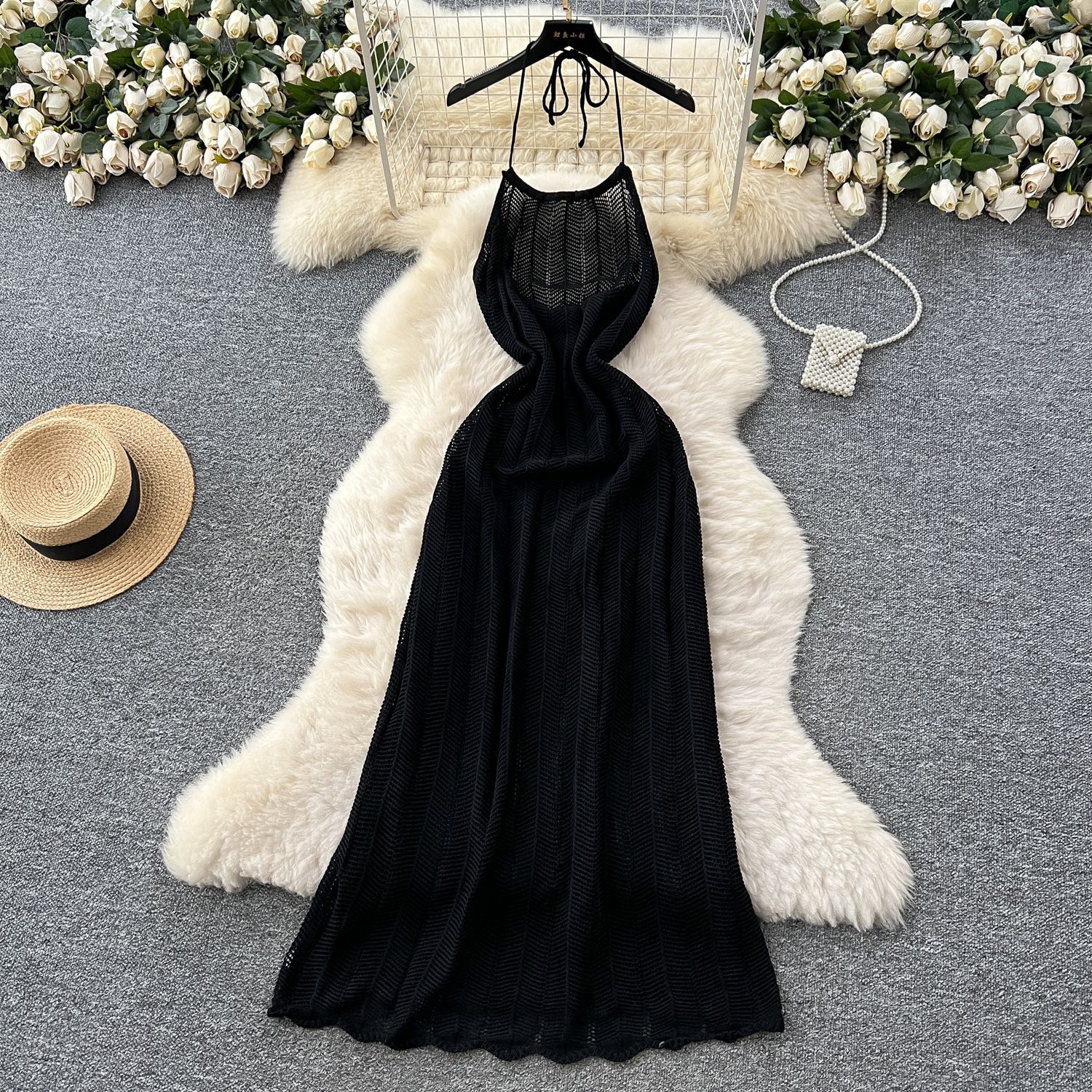 Halter Spaghetti Straps Waist tight Vacation Style Dress Women Black - Shop at LoveMi