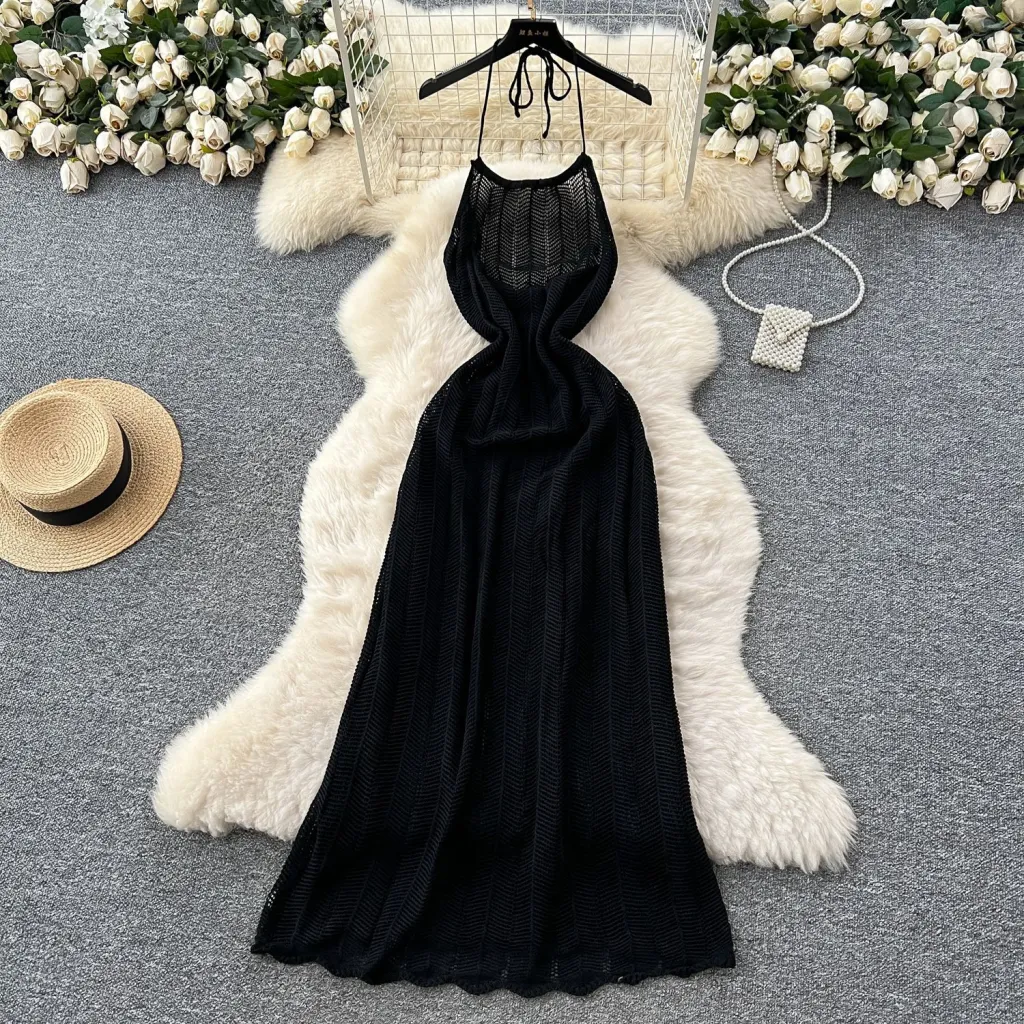 Halter Spaghetti Straps Waist-tight Vacation Style Dress Women - Black