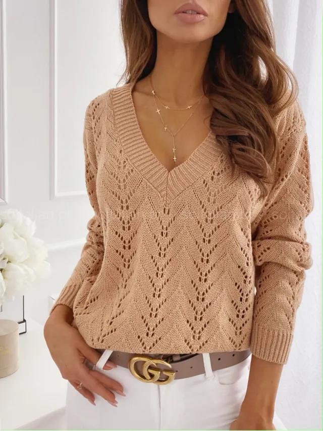 European And American Style Solid Color Mocha Hollow Out V neck Knitwear Sweater Khaki - Shop at LoveMi