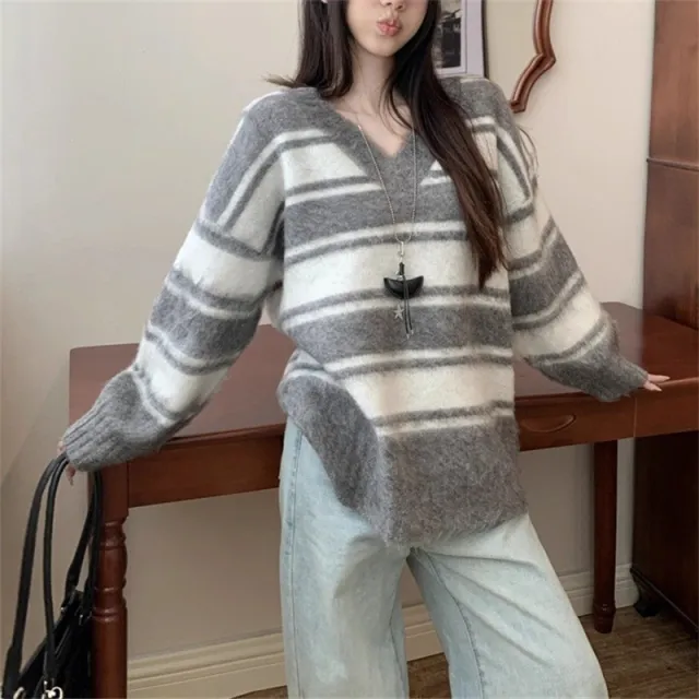 Korean Style Retro V neck Striped Loose Sweater Gray - Shop at LoveMi