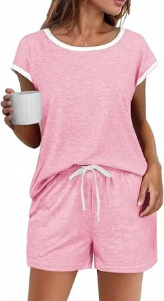 Short Sleeve Colour-block Crew Neck Top Waist Drawstring Suit - Pink - View 1