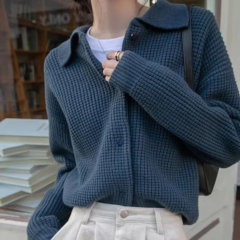 Retro Style Polo Collar Solid Color Loose-fitting Versatile Sweater Knitted Cardigan - Blue