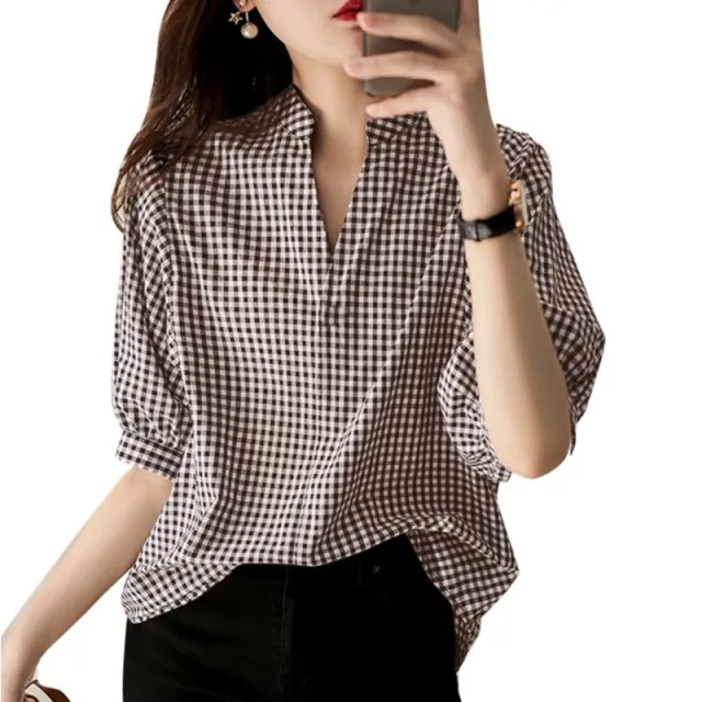 Loose Casual Half Sleeve Plaid Printed Shirt Khaki - Shop at LoveMi