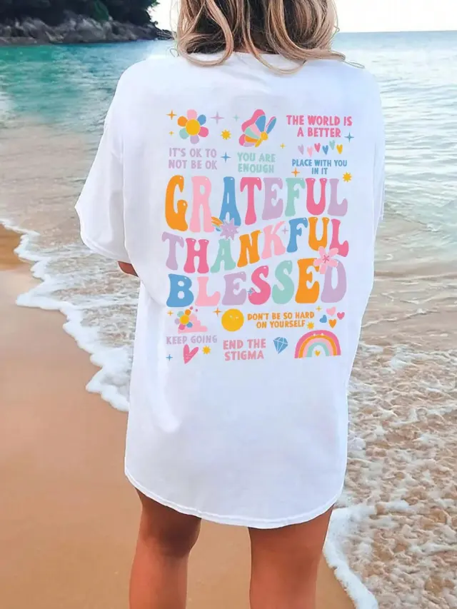 2D Printed Thanksgiving Element All Cotton T shirt Loose Short Sleeve White - Shop at LoveMi