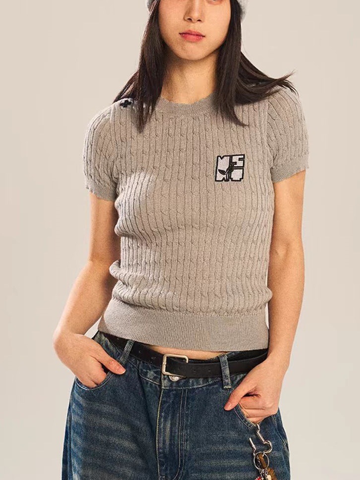 Embroidered Crew Neck Summer Knitted Shirt Short Sleeve Women