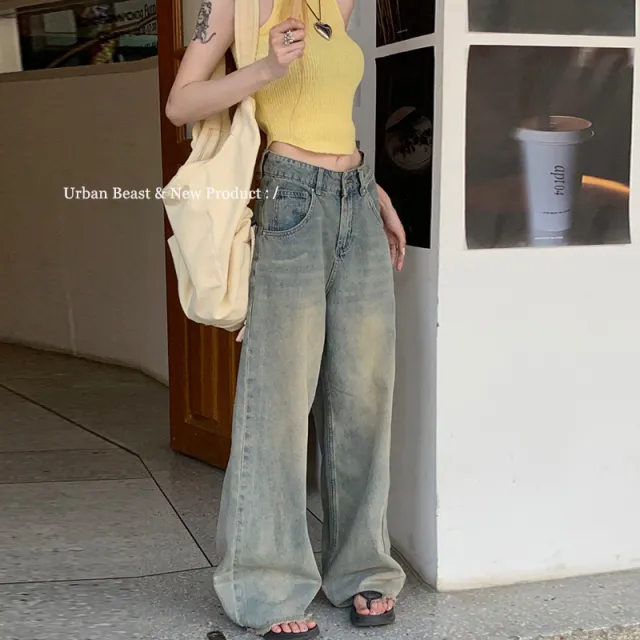 Retro Nostalgic Washed Loose Raw Hem Wide Leg Jeans Blue - Shop at LoveMi
