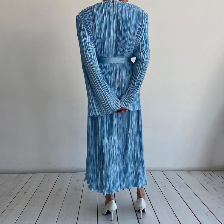 Long Sleeve Belt Pleated Dress