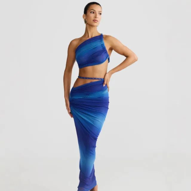 Diagonal Collar Sling Women's Sleeveless Sheath Midriff Outfit Backless Dress Blue - Shop at LoveMi