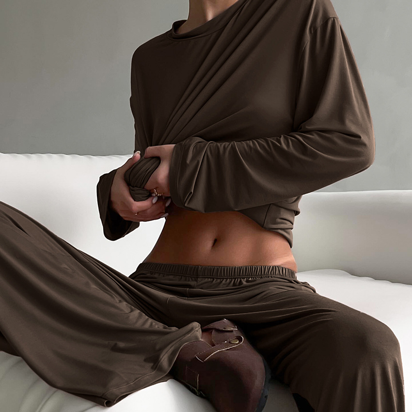 Round Neck Stretch Knitted Long-sleeved Trousers Pajamas Two-piece Set