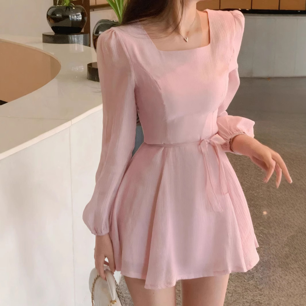 Square-Neck Elegant Korean-Style French-Style Womens Summer High-End Dress