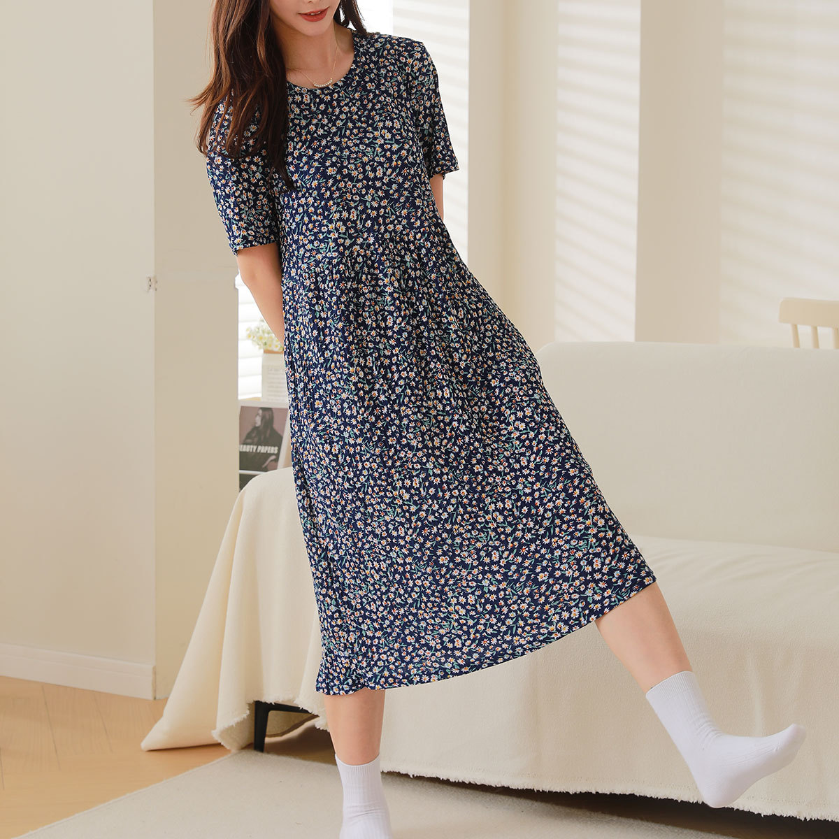 Comfortable Nightdress Women's Short Sleeve Floral Slimming Dress Navy Blue 11 - Shop at LoveMi