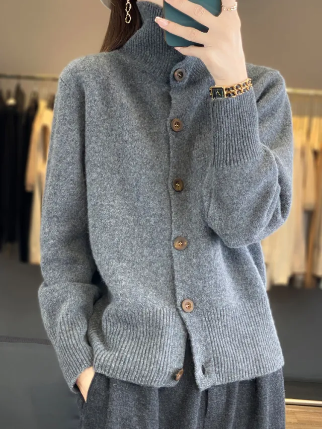 Turtleneck Solid Color Full Wool Loose Slimming Women's Cardigan Sweater Gray - Shop at LoveMi