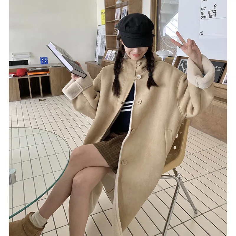 Windproof Stand Collar Hooded Loose Single-breasted Khaki Retro Fur Coat - Khaki