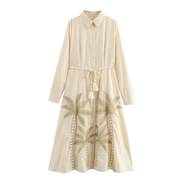 Embroidered Shirt Collar With Belt Loose Long Dress Apricot - Shop at LoveMi
