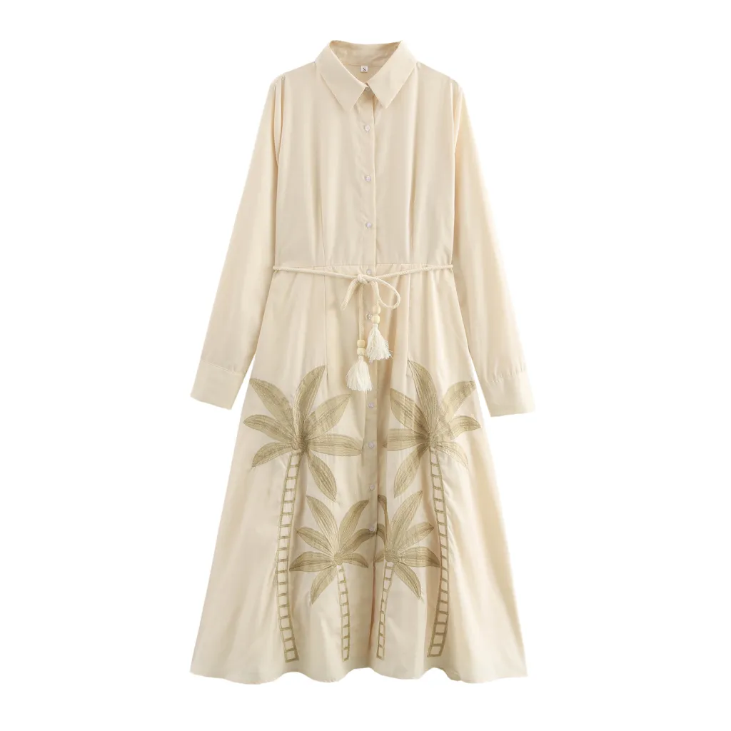 Embroidered Shirt Collar With Belt Loose Long Dress - Apricot