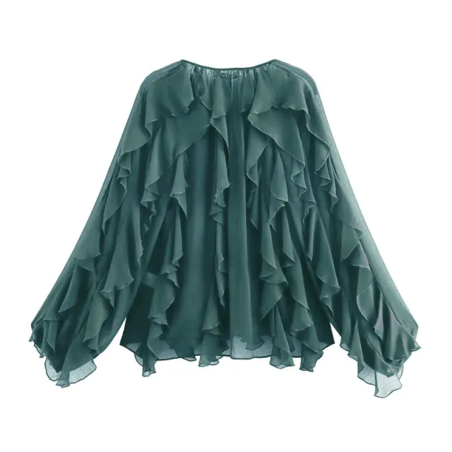 Women's Laminated Fashion V neck Long Sleeve Shirt Green - Shop at LoveMi
